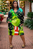 Multicolor Christmas Grinch Print Deep V Neck Long Sleeve Ankle Length Casual Outing Straight Loose Midi Dress with Pocket