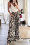 Casual Leopard Pocket Lace Up Loose High Waist Drawstring Wide Leg Pants Bottoms