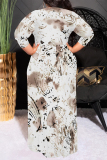 Beige Geometric Print Short Sleeve Scarf Collar Floor-Length Lace Up Loose Vacation Plus Size Maxi Dresses
