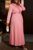 Pink Evening Party Gown Sequin V Neck Long Sleeve Pleated Glitter Prom Maxi Dress