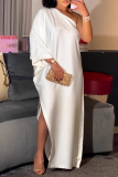 Black Formal Evening Party Prom Wedding Guest Gown Backless Oblique Collar One 3/4 Sleeve Side Slit Long Loose Maxi Satin Dresses