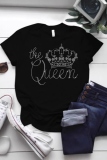Black Hot Drilling Letter Crown Print Round Neck Short Sleeve T-Shirts Tops
