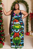 Green Christmas Loose Sexy Casual Cartoon Grinch Print Backless Spaghetti Strap Long Maxi Cami Slip Dresses