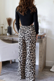 Casual Leopard Pocket Lace Up Loose High Waist Drawstring Wide Leg Pants Bottoms