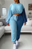 Blue Contrast Sportwear Round Neck Long Sleeve Short Sweatshirt and Pencil Sweatpants Fall Winter Two Pieces Sweatsuits Sets