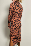 Brown Formal Office Casual Outing Leopard Print Half A Turtleneck Long Sleeve Lace Up Side Slit A Line Bodycon Maxi Dresses