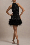White Textured Sequin Evening Party Gown Sleeveless Zipper Feather Hemline Halter Bodycon Glitter Prom Mini Dress