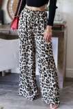 Casual Leopard Pocket Lace Up Loose High Waist Drawstring Wide Leg Pants Bottoms