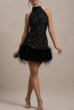 White Textured Sequin Evening Party Gown Sleeveless Zipper Feather Hemline Halter Bodycon Glitter Prom Mini Dress