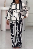 White Black Loose Abstarct Colorblock Print Round Neck Long Sleeve Tops and Straight Pants Two Pieces Sets