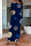 Navy Floral Print O Neck Long Sleeve Ankle Length Causal Outing Bodycon Maxi Dress