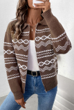 Brown Casual Colorblock Zipper Weave Contrast Turndown Collar Long Sleeve Fall Winter Knitted Fair Isle Sweater Jacket Coats
