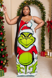 Green Christmas Loose Sexy Casual Cartoon Grinch Print Backless Spaghetti Strap Long Maxi Cami Slip Dresses