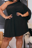 Black Casual Outing Backless Oblique Collar Single Sleeve A Line Plus Size Pleated Mini Dresses