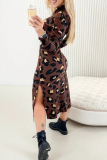 Brown Formal Office Casual Outing Leopard Print Half A Turtleneck Long Sleeve Lace Up Side Slit A Line Bodycon Maxi Dresses