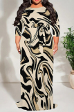 Beige Geometric Print Short Sleeve Scarf Collar Floor-Length Lace Up Loose Vacation Plus Size Maxi Dresses