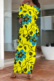 Navy Floral Print O Neck Long Sleeve Ankle Length Causal Outing Bodycon Maxi Dress