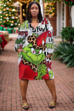 Multicolor Christmas Grinch Print Deep V Neck Long Sleeve Ankle Length Casual Outing Straight Loose Midi Dress with Pocket