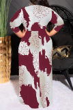 Beige Geometric Print Short Sleeve Scarf Collar Floor-Length Lace Up Loose Vacation Plus Size Maxi Dresses