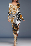 Navy Floral Print O Neck Long Sleeve Ankle Length Causal Outing Bodycon Maxi Dress