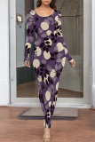 Navy Floral Print O Neck Long Sleeve Ankle Length Causal Outing Bodycon Maxi Dress