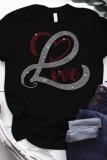Black Hot Drilling Love Letter Print Round Neck Short Sleeve T-Shirts Tops