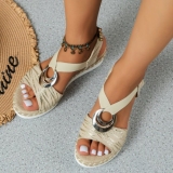 Black Casual Daily Metal Accessories Trim Fish Mouth Slip-on Open Toe Ankle Strap Wedges Sandals Shoes