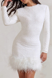 White Party Textured Sequin Evening Party Gown Long Sleeve Zipper Feather Hemline Bodycon Glitter Prom Mini Dress