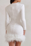 White Party Textured Sequin Evening Party Gown Long Sleeve Zipper Feather Hemline Bodycon Glitter Prom Mini Dress