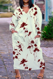 White Floral Print V Neck Long Sleeve Plus Size Straight Casual Outing Loose Midi Dress