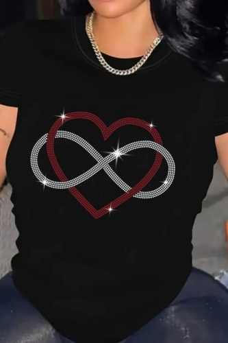 Black Hot Drilling Love 8 Shaped Print Round Neck Short Sleeve T-Shirts Tops