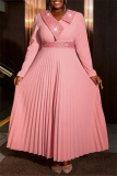 Pink Evening Party Gown Sequin V Neck Long Sleeve Pleated Glitter Prom Maxi Dress