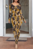 Navy Floral Print O Neck Long Sleeve Ankle Length Causal Outing Bodycon Maxi Dress