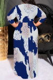 Beige Geometric Print Short Sleeve Scarf Collar Floor-Length Lace Up Loose Vacation Plus Size Maxi Dresses