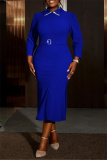 Blue Formal Evening Party Prom Wedding Guest Gown Turndown Collar Nine Points Sleeve Fishtail Hem Bodycon Maxi Dresses