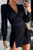 Khaki Casual Ruched V Neck Long Lantern Sleeve Tops Blouses Shirts