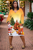 White Orange Santa Claus Christmas Tree Print Deep V Neck Long Sleeve Ankle Length Casual Outing Straight Loose Midi Dress with Pocket