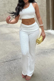 White Skinny Casual U Neck Short Tank Tops and Rolled Waist Flared Pants Two Pieces Sets