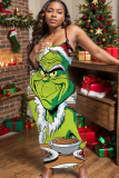 Pink Christmas Bodycon Cartoon Grinch Print Backless Spaghetti Strap Long Cami Dresses
