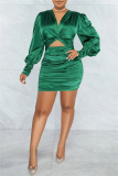 Blue Formal Office Casual V Neck Long Sleeve Hollow Out Wrapped Skirt Ruched Bodycon Mini Satin Dresses