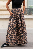 Casual Leopard Pocket Loose High Waist A-line Swing Long Skirts Bottoms