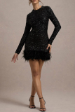 White Party Textured Sequin Evening Party Gown Long Sleeve Zipper Feather Hemline Bodycon Glitter Prom Mini Dress