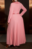 Pink Evening Party Gown Sequin V Neck Long Sleeve Pleated Glitter Prom Maxi Dress