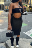 Black Skinny Party Club Backless Hot Drill Strapless Short Tube Tops and Wrap Skirts Two Pieces Dress Sets