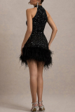 White Textured Sequin Evening Party Gown Sleeveless Zipper Feather Hemline Halter Bodycon Glitter Prom Mini Dress