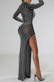 Apricot Hot Drilling See-Through Slit Turtleneck Long Sleeve Long High Slit Bodycon Glitter Prom Maxi Dress