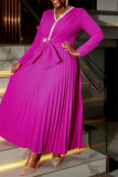 Rose Red Evening Party Gown Bow Decor Sequin V Neck Long Sleeve Pleated Prom Maxi Dresses