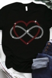 Black Hot Drilling Love 8 Shaped Print Round Neck Short Sleeve T-Shirts Tops