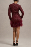 White Party Textured Sequin Evening Party Gown Long Sleeve Zipper Feather Hemline Bodycon Glitter Prom Mini Dress