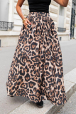 Casual Leopard Pocket Loose High Waist A-line Swing Long Skirts Bottoms